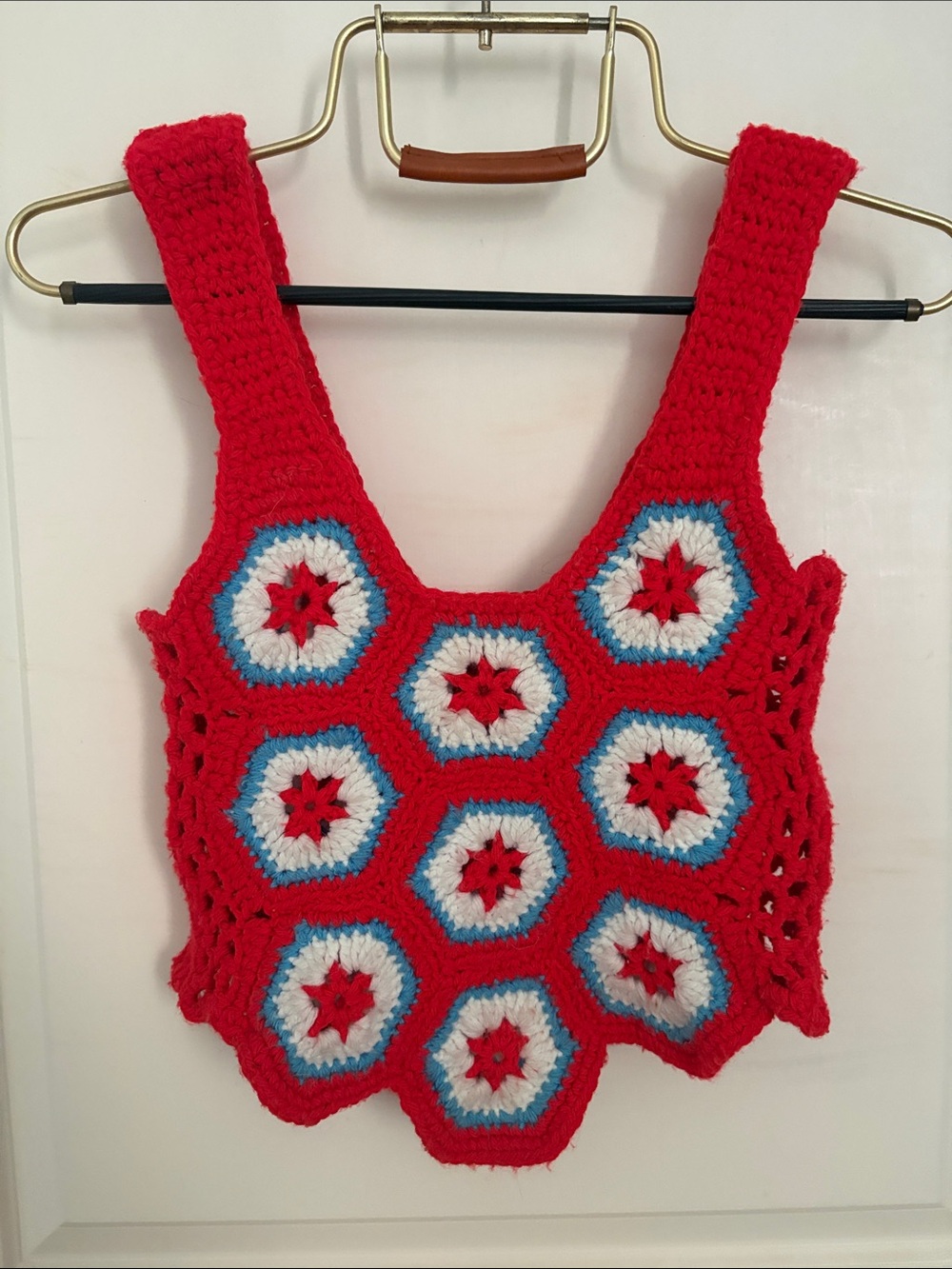Vintage Handmade Red Crochet Crop Tank Top with Blue & White Accents
